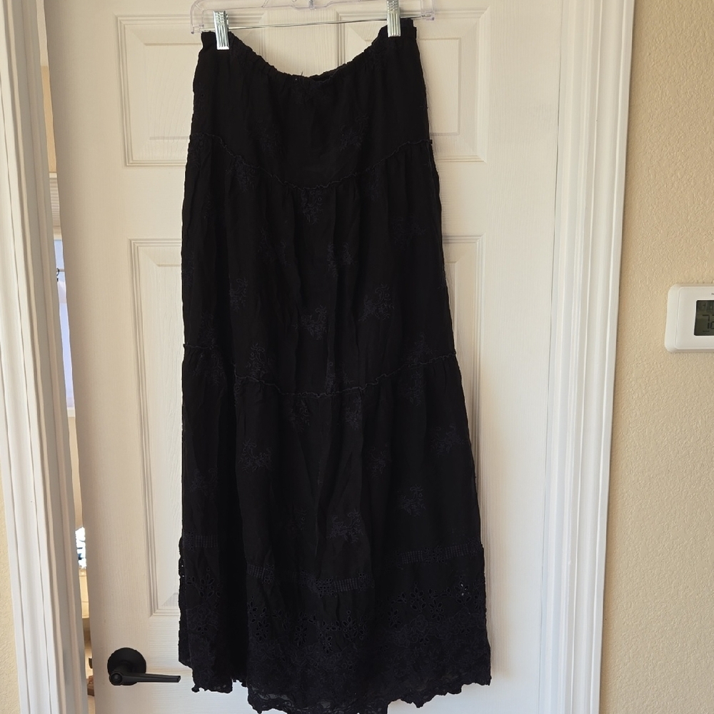 Johnny Was Black Tiered Eyelet Maxi Skirt - size L (could also fit XL)
